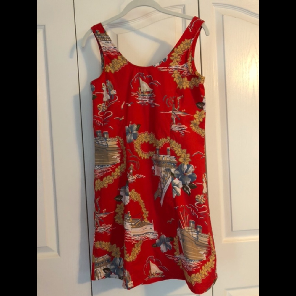 Vintage 90s Kamehameha Dress Hawaiian A-Line Sleeveless Scoop Neck Cruise Ship S